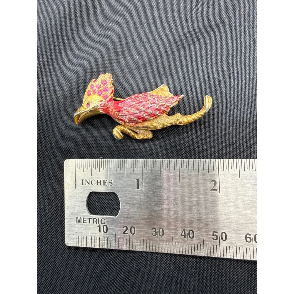 Vintage Gold Tone Pink Enamel Road Runner Bird Brooch Rhinestone Crest Pin Gift